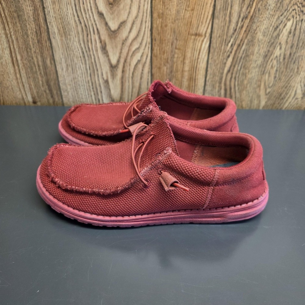 Hey Dude Shoes Mens 7 Red Canvas Wally Funk Mono Slip On Loafers Casual Comfort - Picture 4 of 7